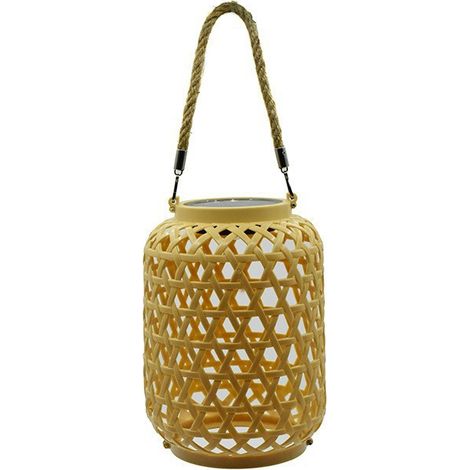 Lanterne suspendue solaire en rotin beige, flamme chaude et vacillante pour jardin. (1/5)