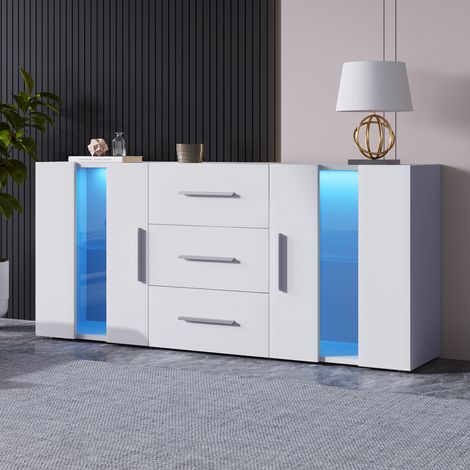 Tkopy - Buffet moderne 140x35x70 cm - Buffet Blanc avec Éclairage LED réglable et Plateau en Verre - Meuble avec 2 Portes et 3 Tiroirs - Meuble TV - pour Salon Salle à Manger et Chambre - Blanc (1/5)