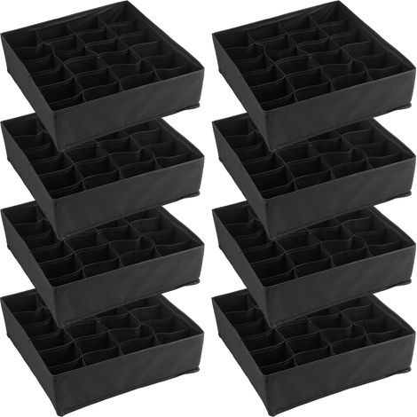 Lot de 8 Organisateur Tiroir Pliable - Boîte de Rangement Sous-Vêtements 24 Compartiments - 32x32x10 cm Noir - pour Chaussettes, Cravates, Écharpes (1/5)