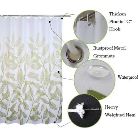 Rideau de Douche Feuille en Tissu Anti-moisissure et Rideau de Baignoire pour Salle de Bains avec 12 Crochets (1/4)