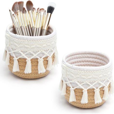 2 paniers bohos en coton 10x10 cm : rangement maquillage et pinceaux, panier tressé déco pour coiffeuse, salle de bain, bureau. (1/5)