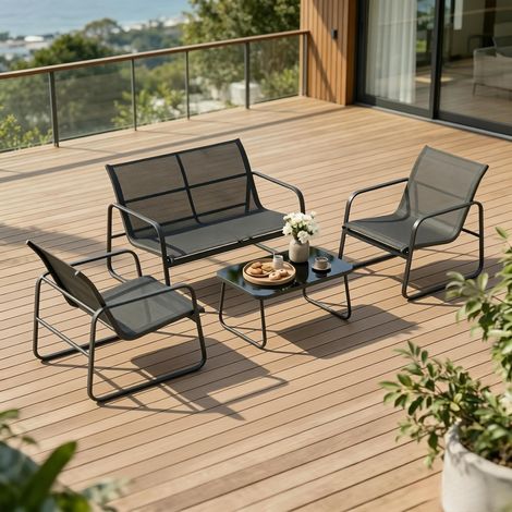Set da salotto da giardino 112x73x74 cm, 4 pezzi, seduta stabile, tavolino con vetro temperato, acciaio e tessuto nero grigio scuro (1/5)