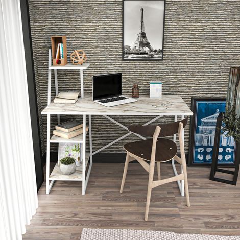 Decorotika Admira Modern Metal Frame Computer Desk With Shelving Storage -Blanc Marble Effect (1/5)
