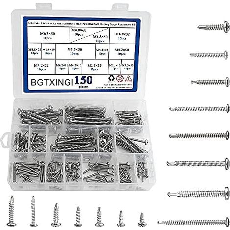 Lot de 150 vis auto-perceuses à tête cylindrique en acier inoxydable M3,5 M4,2 M4,8 M5,5 M6,3 - Pour tôle, bois et vis à métaux - Avec étui pratique (1/5)