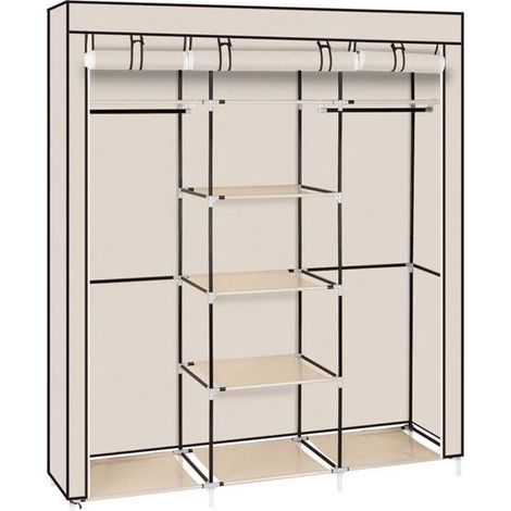 Placard à vêtements portable en tissu non tissé pour armoire à double tringle, beige, 150x45x175cm (1/5)