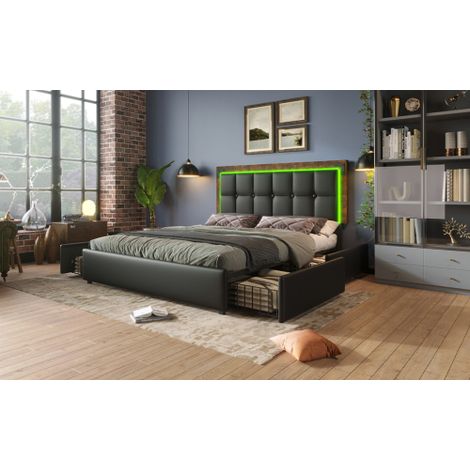 Bettgestell mit LED-Beleuchtungsleiste und 4 Schubladen, Doppelbett Polsterbett, Höhenverstellbarem Kopfteil, Funktionsbett, PU Schwarz (Ohne Matratze)