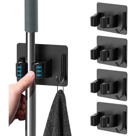 4 Pièces Porte Balai, Auto Adhésif Accroche Balai Mural sans Perçage, Mop Support avec Crochets pour Cuisine Salle de Bain Jardin (1/4)