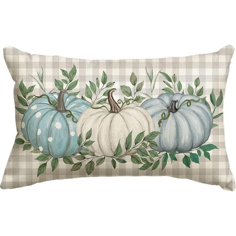 Taie d'oreiller à carreaux citrouille d'automne 30 x 50 cm - Décoration automnale saisonnière, motif feuilles et récolte, bleue, pour canapé