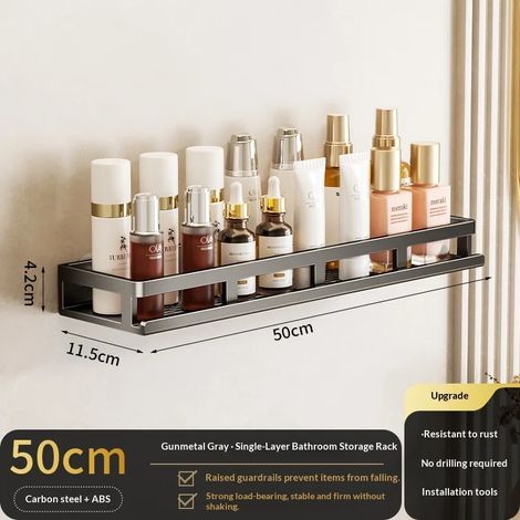 (Gris 50 cm) Étagère de salle de bain à ventouses sans perçage, étagère murale en aluminium pour toilettes. Organisateur de salle de bain à suspendre au mur.-AOFU (1/5)