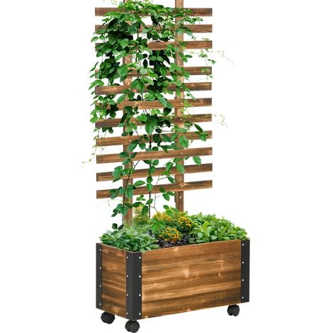 Bac potager surélevé avec treillis, 4 roulettes, bois traité et métal noir, idéal pour grimpantes, balcon et jardin, mobile, 65 x 31 x 147 cm  CHICFURN (1/5)