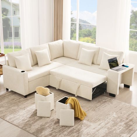 Canapé d'Angle Convertible en Lit avec Rangement, Chaiselongue Réversible avec Porte-Gobelets, Accoudoirs Larges, USB et USB-C, 5 Places, Tissu Chenille avec Coussins, pour Salon et Home Cinéma (Beige (1/5)