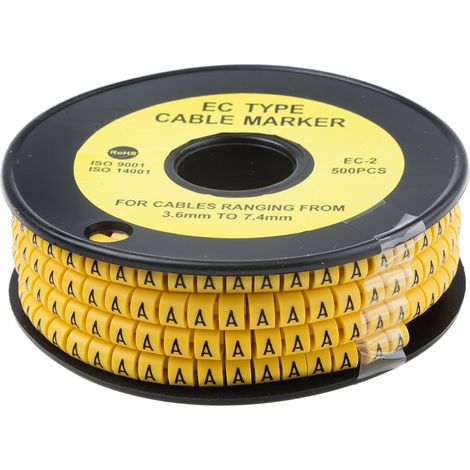 Repère câble , Ø câble 3.6  7.4mm, texte : A, Noir sur Jaune ( Prix pour Bobine de 500 )