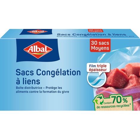 Albal - 30 sacchetti per congelamento a legami - modello medio 3L - triplo spessore - Scatola distributore - 70% di risorse riciclate