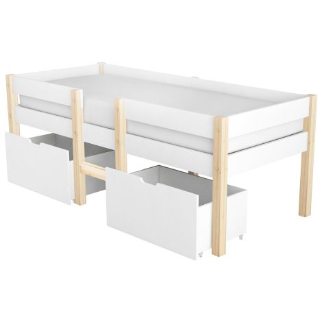 Lit enfant 90x200 avec tiroir et barrière pin blanc chêne