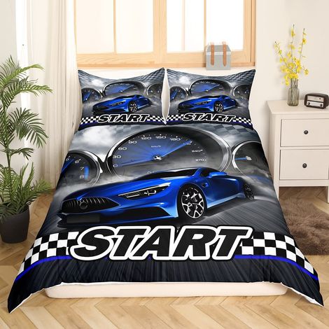 Parure de lit de voiture de course pour garçons et enfants - Parure de lit - 135 x 200 cm - Pour fille et homme - Sport extrême - Housse de couette argentée - Impression voiture de course (1/5)
