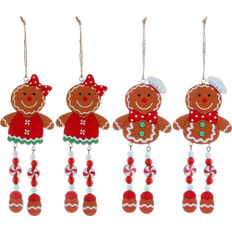 SJLERST Décorations de Noël 4 pièces Décorations pour sapin de Noël Coffret cadeau Couple en pain d'épices en bois Mini pendentifs à longues jambes (1/5)