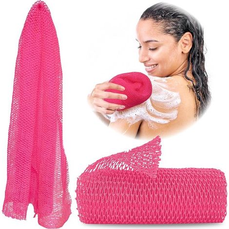 Peeling-Badetuch – langer Schwamm – Badetuch für Rücken und Füße – rosa-rot (1/5)