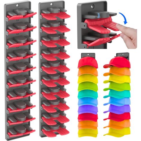 Support Pour Casquettes - Support Mural Avec Pinces À Ressort - Pour Porte Ou Placard - Lot De 2 Pièces - Capacité 20 Casquettes (1/5)