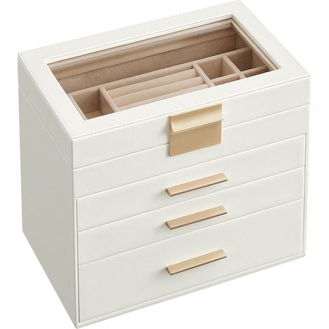 Boîte à bijoux écrin à accessoires 4 niveaux coffre de rangement couvercle en verre 3 tiroirs pour lunettes de soleil rangement pour bijoux moderne blanc nuage (1/5)