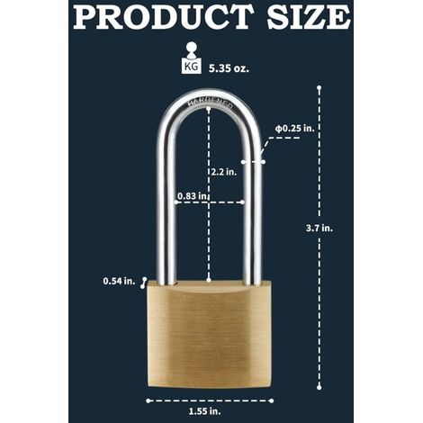 Paquet de 2, serrure et clé en laiton massif, cadenas avec corps de serrure de 1-9/16 po. (40 mm) de large, 2-1/2 po. Cadenas de portail à anse longue pour clôture extérieure, abris de jardin (1/4)