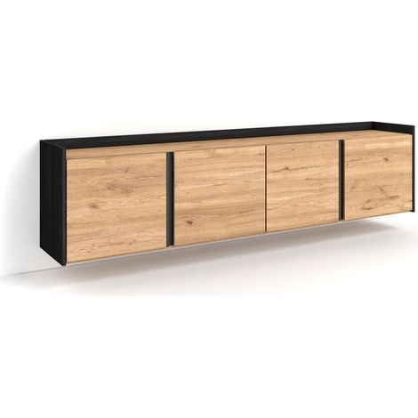 Skraut Home - Meuble TV, Banc Télé, Grand espace de Rangement, 207x35x50 cm, Pour les TV jusqu'à 80", Suspendu, Mural, Style moderne, Chêne et noir (1/5)