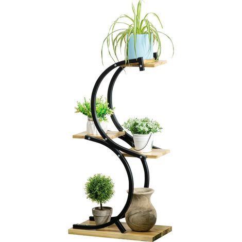 Pflanzenregal S-Förmige 4-Ebenen Blumentreppe, Pflanzenständer Mit Metallgestell, Massivholz, Schwarz, 46X25X91Cm