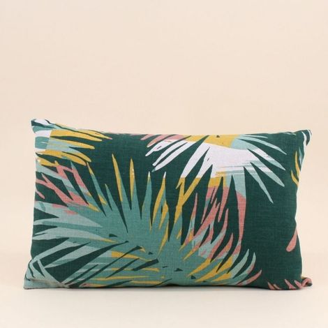 Coussin effet lin motifs feuillage vert 30x50cm (1/5)