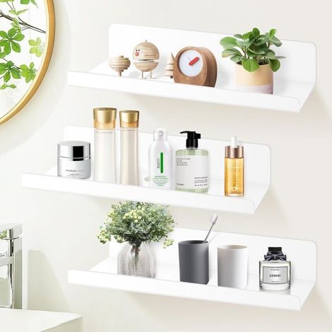 3 Pcs Étagère Decoration Blanc Étagère Murale Flottante Étagère Rangement Murale Étagères sans Percage Petite Étagère Flottante en Acrylique Etagere Murale Étagère de Douche Tablette Flottante Marque (1/4)