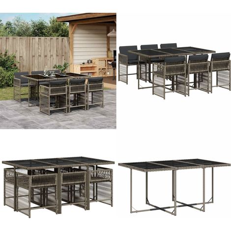 7-tlg. Garten-Essgruppe mit Kissen Grau Poly Rattan - Gartentisch - Gartenmöbel - Essgruppe - Outdoor Möbel - Terrassenmöbel - Home & Living