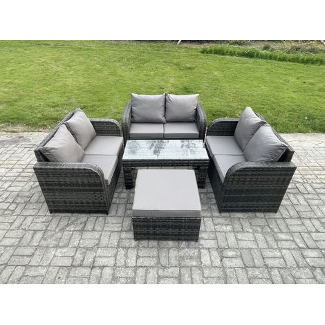 Fimous Polyrattan Gartenmöbel Set 7-Sitzer Patio Sofa Set mit Couchtisch Loveseat Sofa 2 Großer Hockern Dunkelgrau Gemischt (1/5)