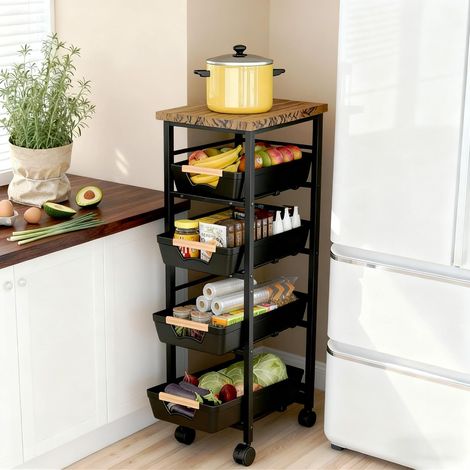Chariot de cuisine avec roulettes, 5 niveaux, étroit, avec tiroirs extensibles, roues pivotantes à 360° avec frein, pour petites pièces, cuisine, salle de bain, salon, bureau, noir (1/5)