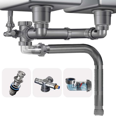 Kit de vidange pour évier de cuisine Tuyau flexible extensible de 1½" ou 1¼” siphon en P pour évier de cuisine simple (1/5)