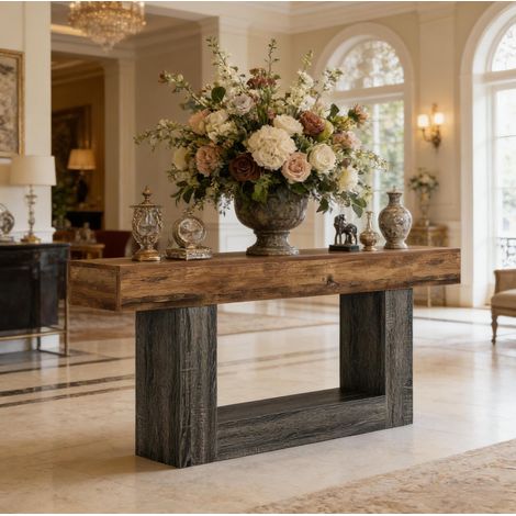 Tavolo consolle 160 cm grigio e marrone rustico in MDF con ripiano inferiore (1/5)