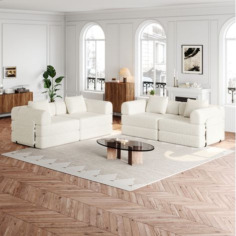 Canapé convertible 1 place Chenille Beige mit Armlehnen-Ablagefach und Stahlrahmen (1/5)