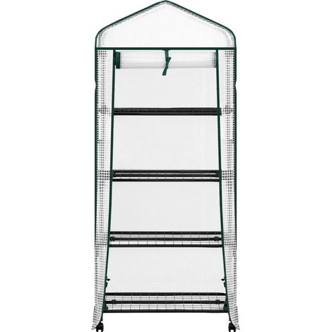 Serre de jardin sur roulettes avec 4 étagères, porte enroulable et film PE renforcé 140 g/m², blanche, pour balcon, terrasse et jardin CHICFURN (1/5)