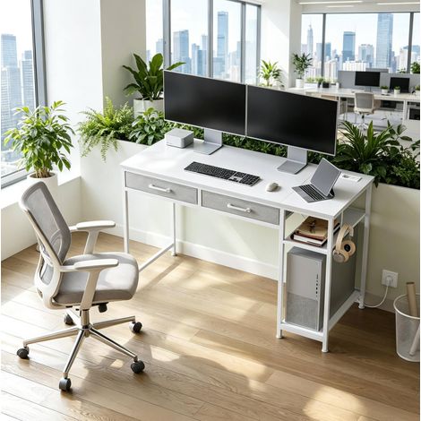 Bureau informatique 120x51x75 cm blanc en bois d’ingénierie et métal avec prises, tiroirs en tissu et étagère (1/5)