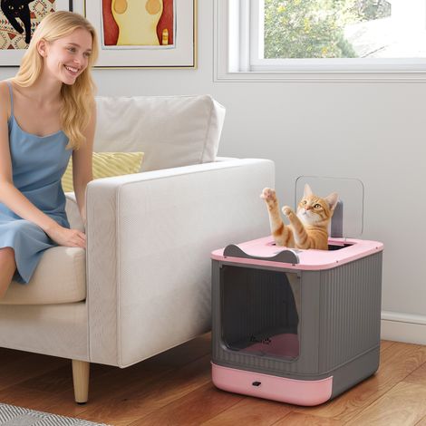 Bac à litière pour chat M avec couvercle à charnière, sortie par le haut, pelle, sacs désodorisants, facile à nettoyer, rose (1/5)