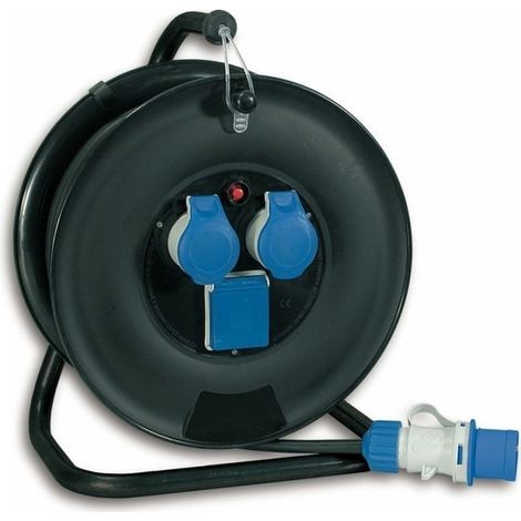 Fanton MT 20 - 14620 FK Fortek Avvolgicavo Elettrico Industriale 20 m 3x2 5 mmq 3 Prese 2P+T 16A CEE Blu + 1 Bipasso Tedesco con Disgiuntore Termico colore Nero
