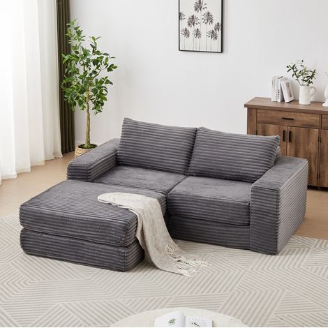 Divano letto modulare 2 posti in velluto a coste grigio, 2 cuscini, poggiapiedi DESVIAE (1/5)