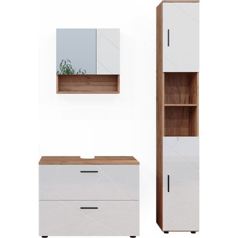 Set di mobili da bagno Irma, Bianco lucido/oro power oak, 3 parti, con cassettiera e colonna, Vicco