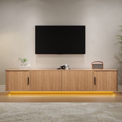 Meuble TV 180 cm Naturel avec LED - Banc TV Design Ondulé et Bords Arrondis - Cadre en Bois, 2 Portes et 1 Tiroir Coulissant