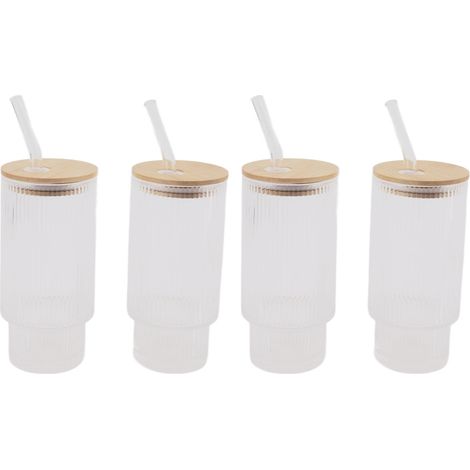Verres à boire vintage de 325 ml (11 oz) avec couvercles en bambou, pailles pour café glacé, cocktails et smoothies. (1/5)