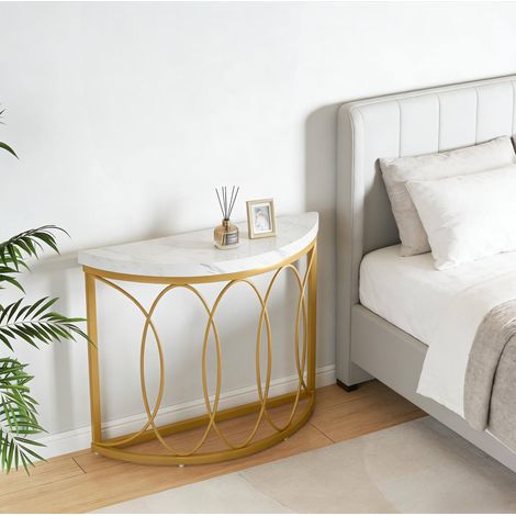 Console d'entrée 110x35x80 cm blanc et or, design demi-lune, plateau effet marbre, MEUBLIV (1/5)