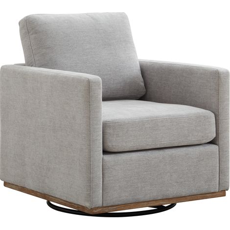 Fauteuil pivotant carré en chenille grise avec repose-bras, siège épais et pied bois vintage (1/5)