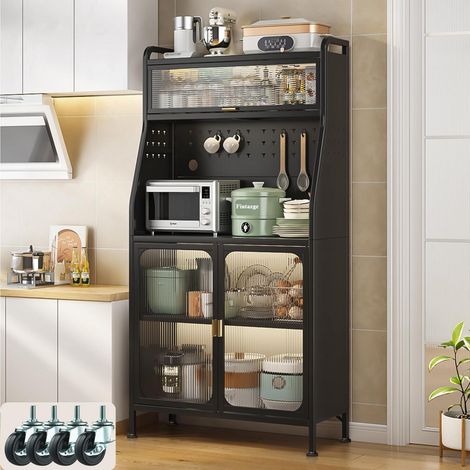 Buffet de cuisine noir 160x66cm avec plan de travail et roulettes verrouillables (1/5)