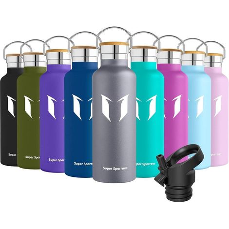 Edelstahl Trinkflasche 620ml Grau mit 2 Deckeln, BPA-frei, auslaufsicher, Thermosflasche für Sport (1/5)