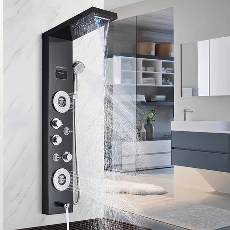 Zamery – Colonne de douche hydromassante noire – Affichage LCD température – Acier inox – 6 fonctions jets – Installation murale facile (1/5)