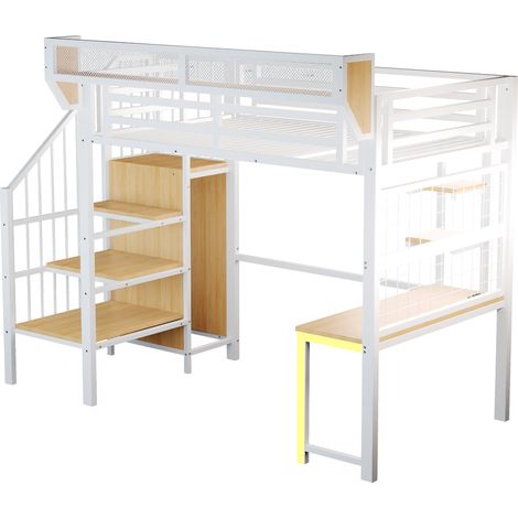 Lit mezzanine en métal 90 × 200 cm, avec bureau, étagère et filet de rangement, livré avec échelle de sécurité, éclairage LED et prise, garde-corps surélevé, blanc