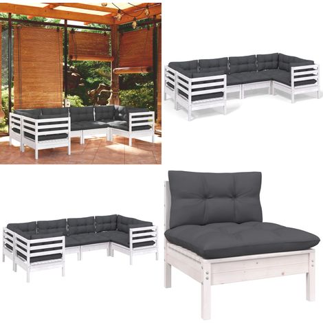 Salon de jardin 6 pcs avec coussins blanc bois de pin - Ensemble Salon De Jardin - Salon De Jardin Bois - Mobilier De Jardin - Set Salon De Jardin - Meubles De Jardin - Home & Living (1/5)