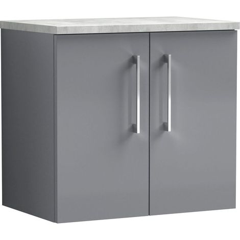 Balterley Bramshall 600mm Wall Hung 2 Door Vanity Unit with Laminate Worktop for Compact Modern Bathroom Storage - Satin Grey